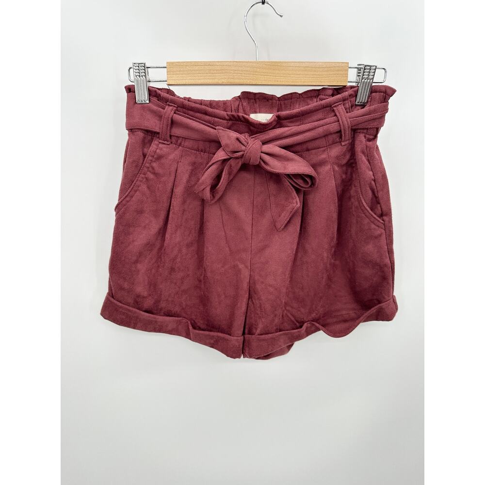 tgla Womens Paperbag Shorts Size S Wine Faux Suede‎ Belted Casual High Waisted